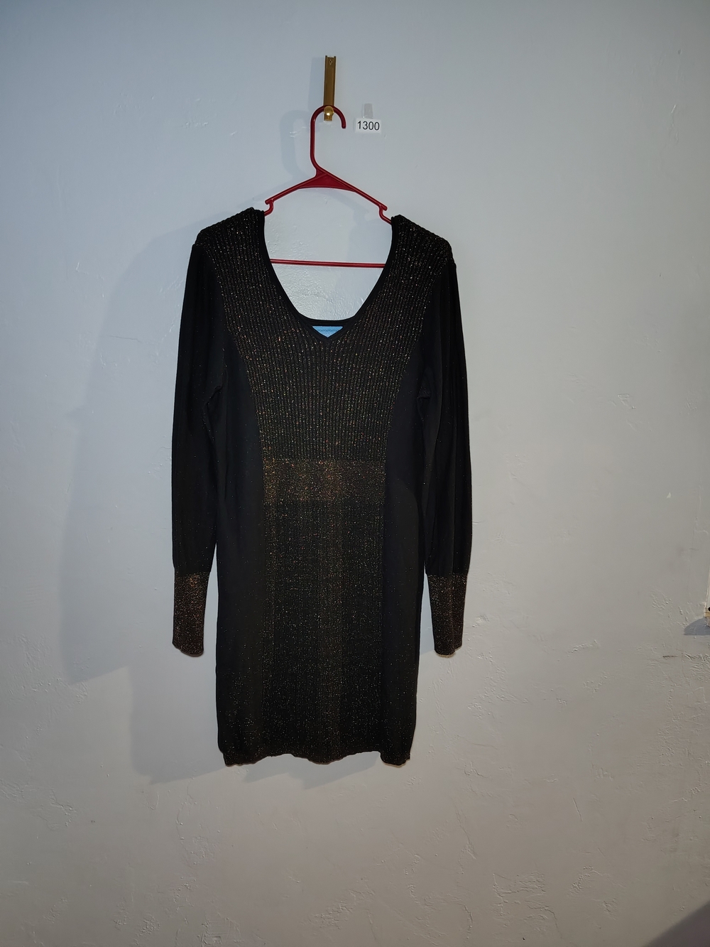 Black Metallic Knit V-Neck Long Sleeve Dress